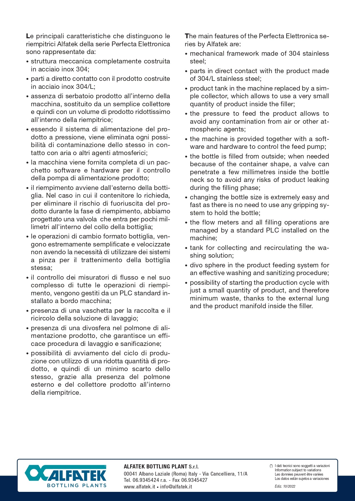 REMPLISSEUSE AVEC TECHNOLOGIE DYNAMIC WEIGHT « SERIE PERFECTA »